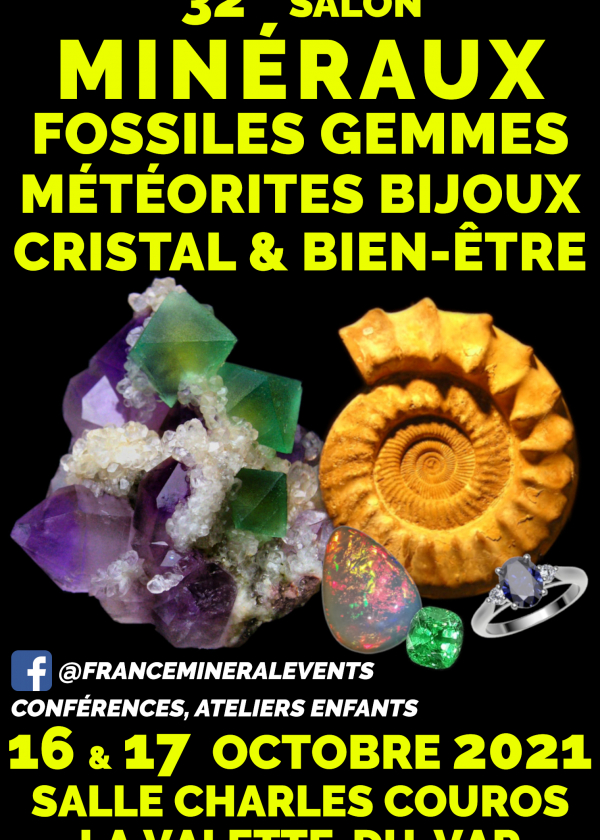 32: e Mineral Fair Event La Valette-du-Var-mineraler, fossiler, kristaller och välbefinnande, pärlor, smycken