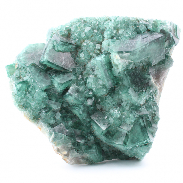 Kubiska kristaller av grön fluorit på massiv fluorit