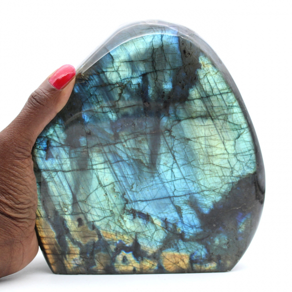 Polerad labradorit, stort mineralprydnad, samlarobjekt, Madagaskar