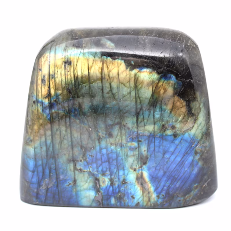 Labradorite: Upptäck denna stens hemligheter med mystiska reflektioner labradorite bloc 019