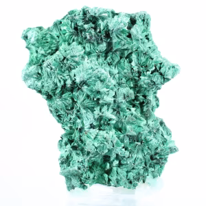 Fibrös malakit med platt profil från DRK, dekorativt mineral på sockel